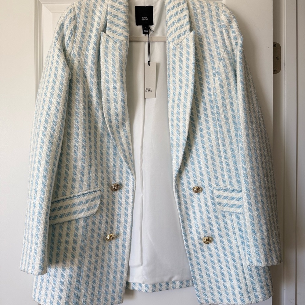 NWT River Island Light Blue and White Houndstooth Boucle Women's Blazer sz 10